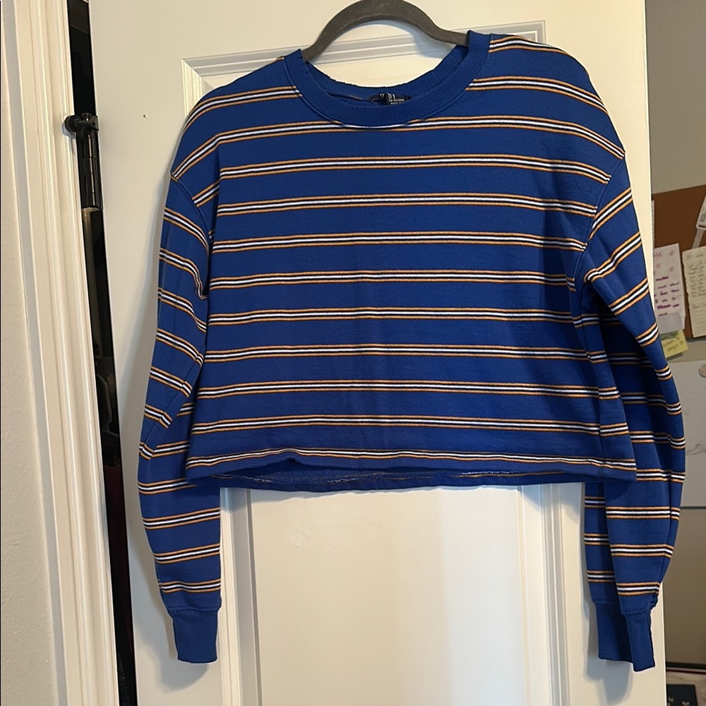 Women’s Blue, Yellow, and White Striped Cropped Sweater